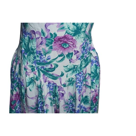 Vintage 80s Expo Petite Cold Shoulder Floral Midi Dress Purple Green Cotton -4 - Picture 4 of 11